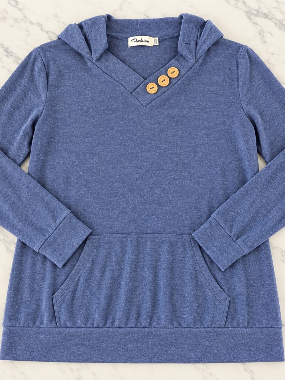 Women’s Blue Heathered Hooded Long-Sleeve Pullover with Wooden Buttons